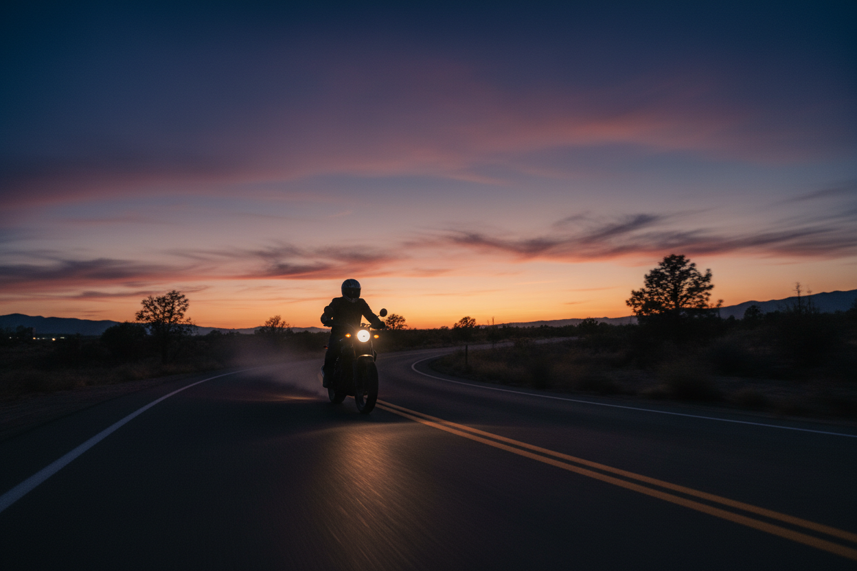 Iltahämärässä ajava moottoripyörä 
